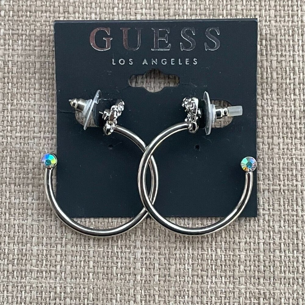 Guess Women Earrings Silver Tone Crystal Bow Hoops Jack Post New - Picture 1 of 11